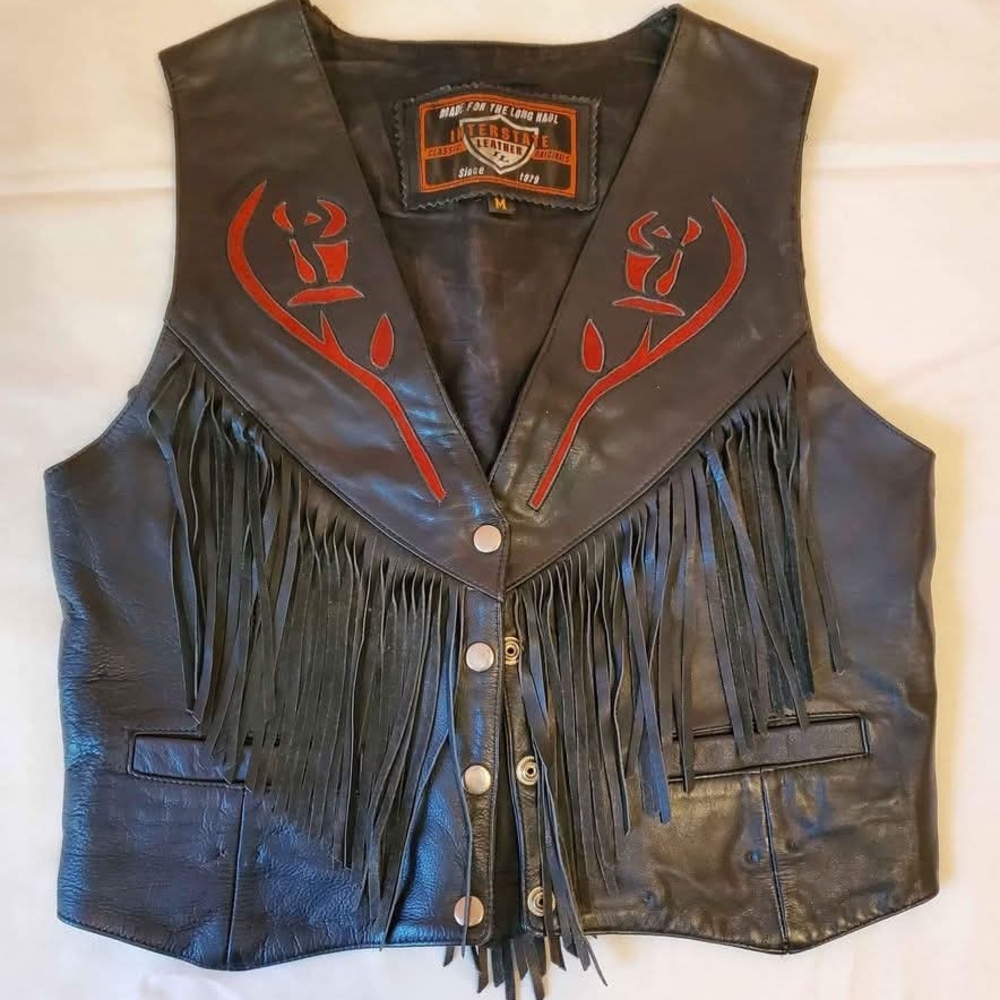 Interstate Leather M Vintage Black Authentic Leather Red Rose Fringe Vest